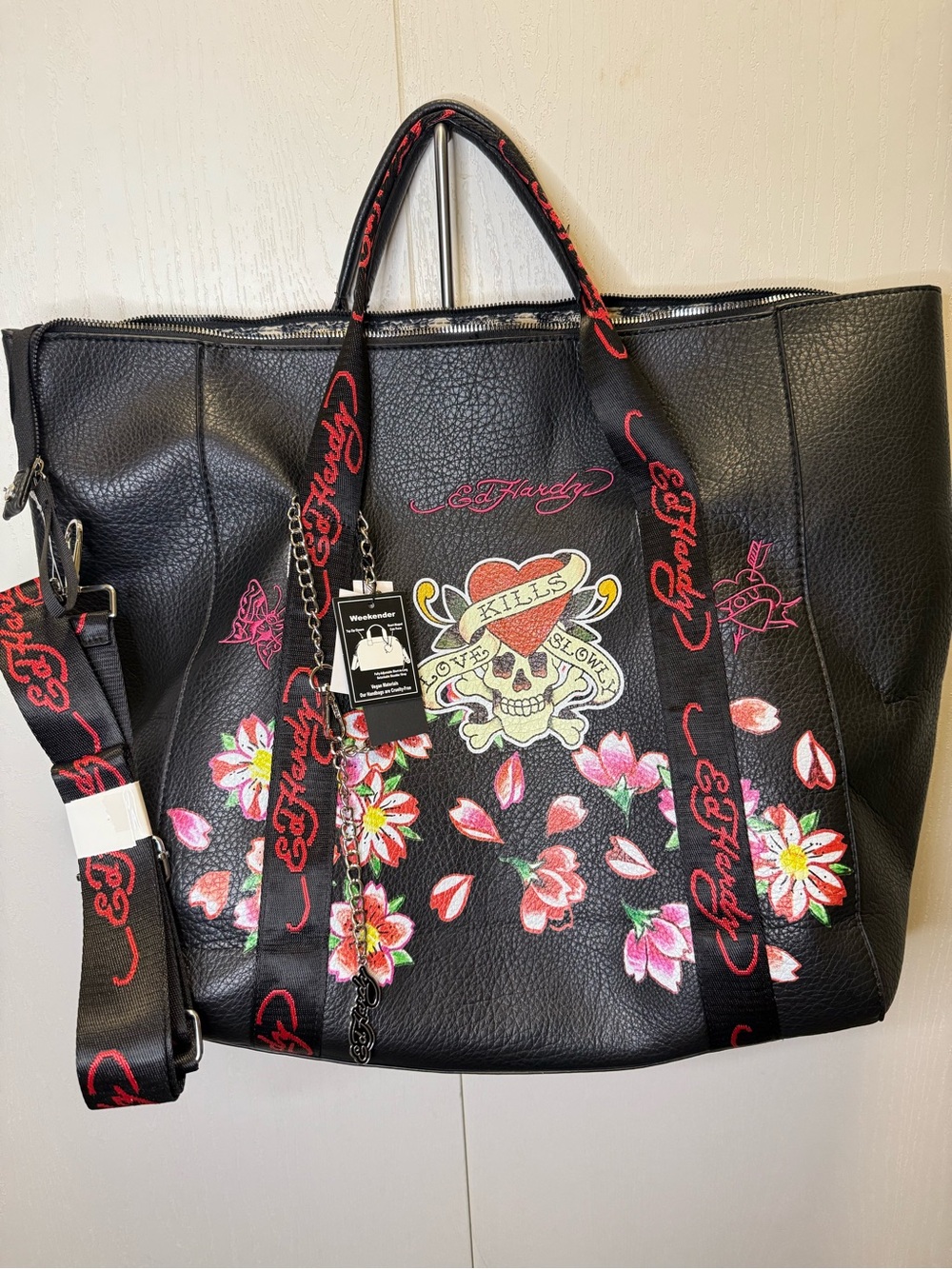 Ed Hardy “Love Kills Slowly” Leather Black & Red Weekender Bag NWT